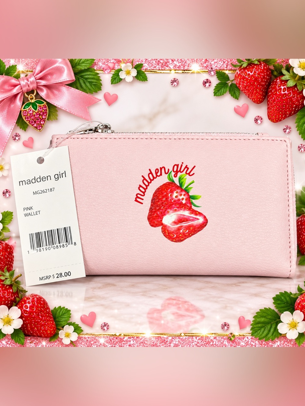 Madden Girl Pink Bifold Faux Leather Wallet Strawberry Accent